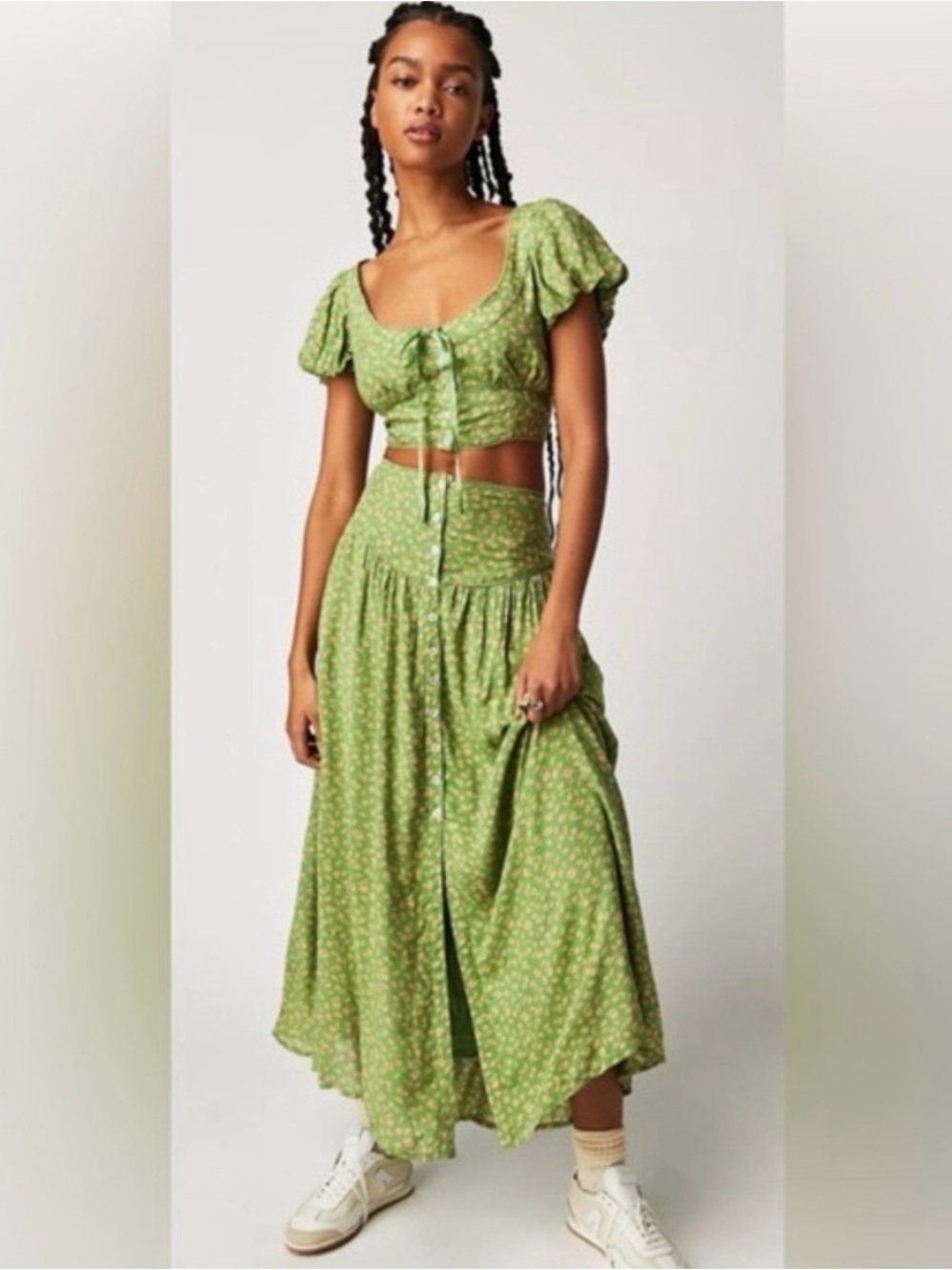 Free People Easy To Love Green Floral Maxi Skirt and Top Size XS